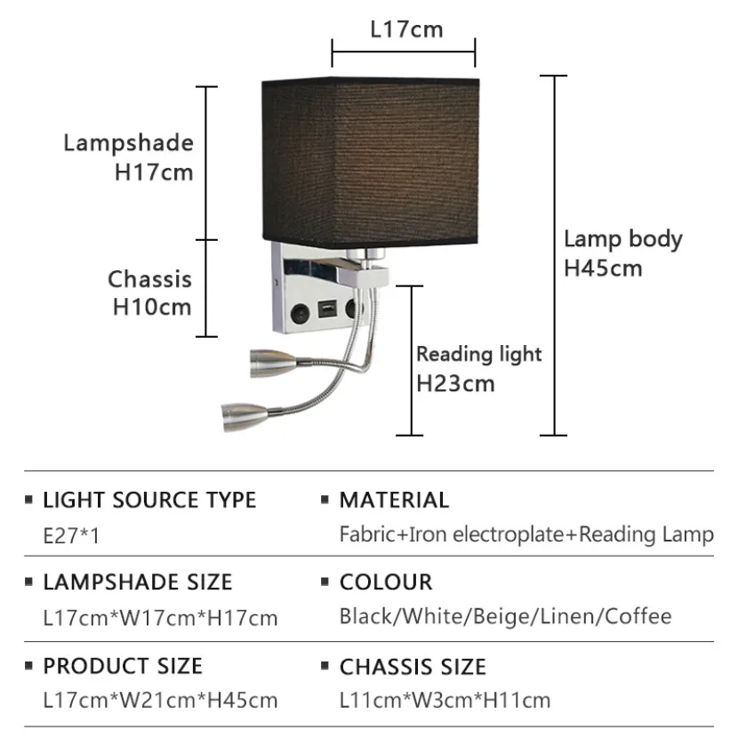 Imagem -06 - Moderno Simples Praça Retro Tecido Led Lâmpada de Parede com Interruptor Usb Luz de Leitura Cabeceira Luz Sala Hotel Estudo Quarto