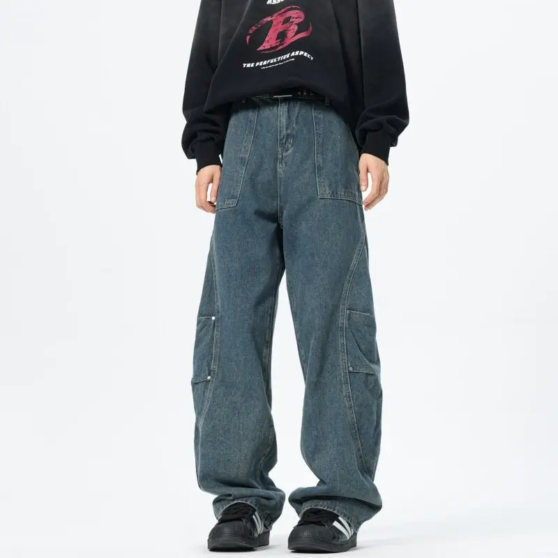 Patchwork style Men\'s Baggy Straight Jeans Personality unisex Fashion Korean High Street Denim Pants Streetwear Male Trousers