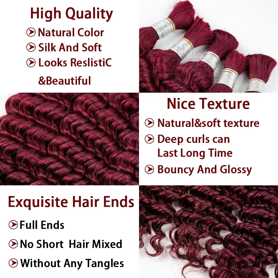 99J Deep Curly Braiding Hair Extensions 16A Brazilian No Weft Virgin Human Hair Burgundy Deep Wave Bulk Human Hair For Braiding