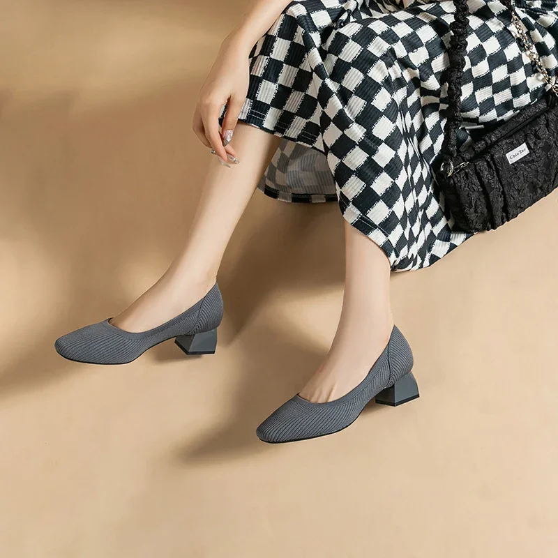 Women shoes Large high-heeled shoes 2023 Spring and autumn new square head thick heel knitting fashion breathable anti-skid be