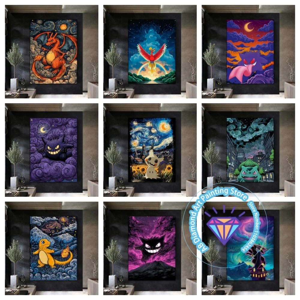 

Van Gogh Starry Sky Pikachu Gengar Bulbasaur AB Diamond Painting Kit Square Round Diamond 5D DIY Mosaic Handmade Art Adult Gift