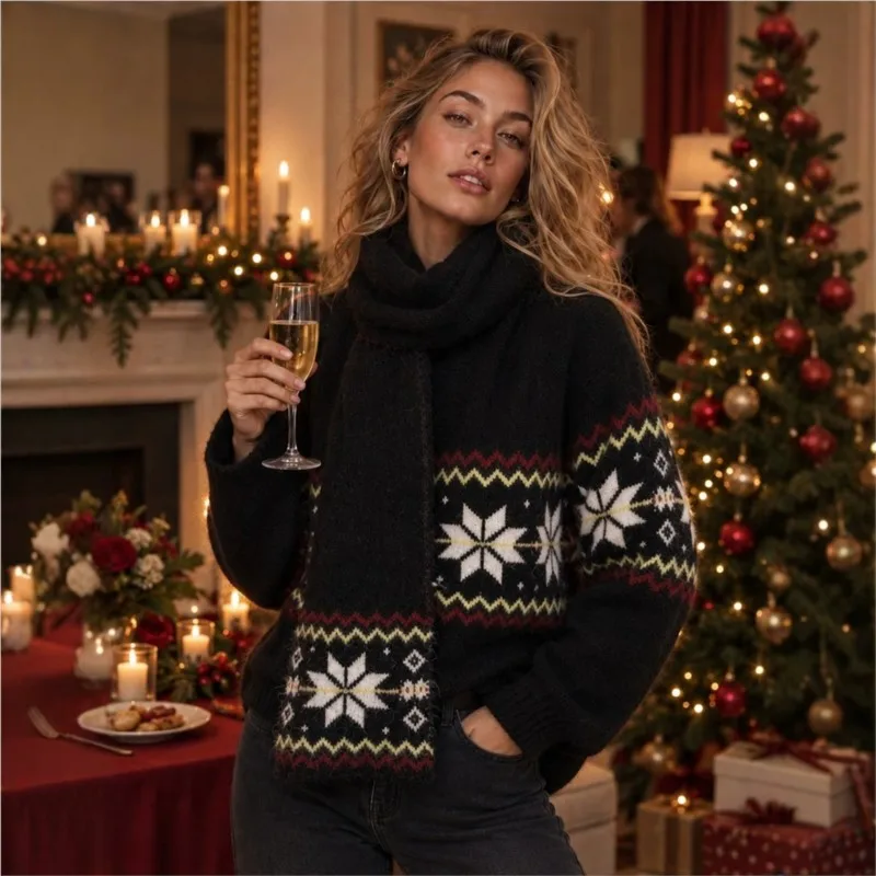 MsChuh Women's Jumper All-match Loose Simple Style Sweater Winter Clothes Woman Pull Femmes Pullover Commuting Christmas Printed