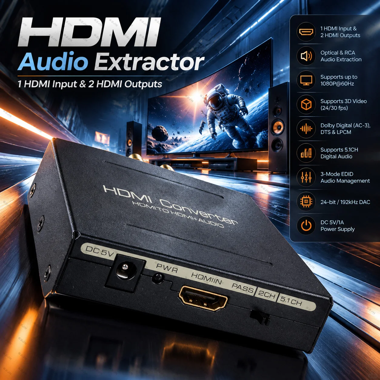 HDMI Audio Extractor 1080P@60Hz 1 In 2 Out SPDIF Optical RCA 5.1CH DTS AC3 LPCM EDID Converter for TV PS3 PC