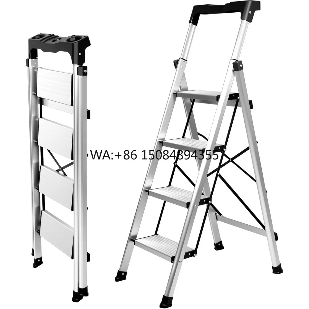 Deliladder 4 Step Retractable Handgrip Folding Step Ladder Anti-Slip Wide Pedal Aluminum 300lbs Safety Modern Design