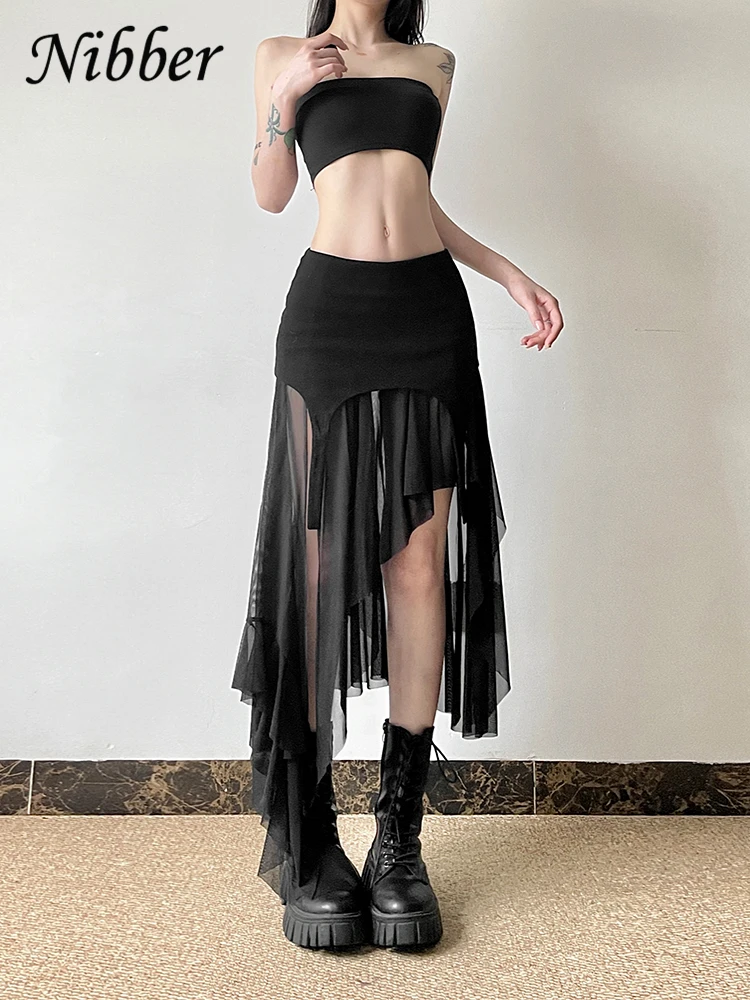 Nibber 2024 Sommer Einfarbig Einfach Alle-spiel Casual Sexy Fimbriate High Street Trendy Coole frauen Laminiert Rüschen rock