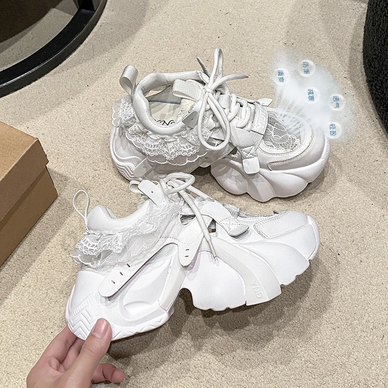 Strappy Platform Single Shoes Summer New Round Toe Paneled Mesh Breathable Lace Sneakers