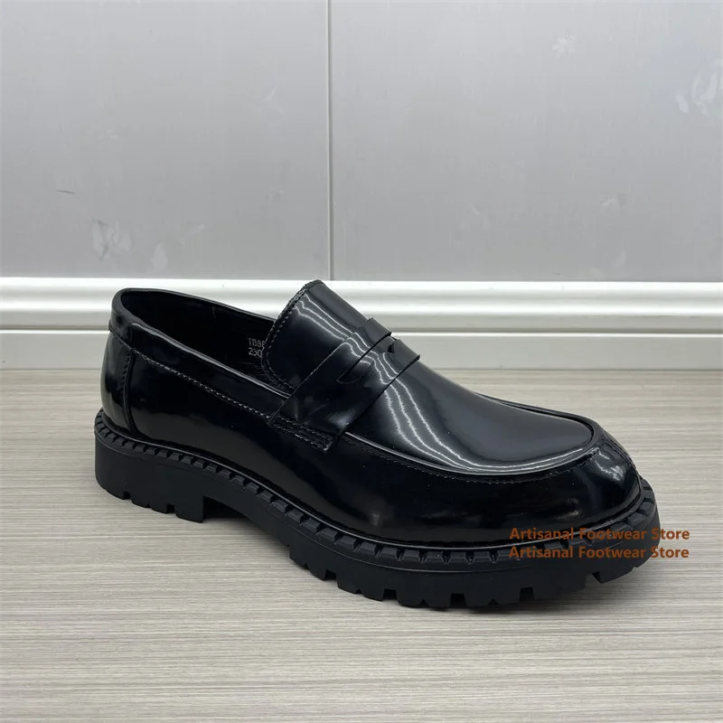 Men Black Glossy Patent Leather Loafers Thick Sole Slip-On Casual Office Dress Shoes Trendy Luxury Handmade Men's Shoes