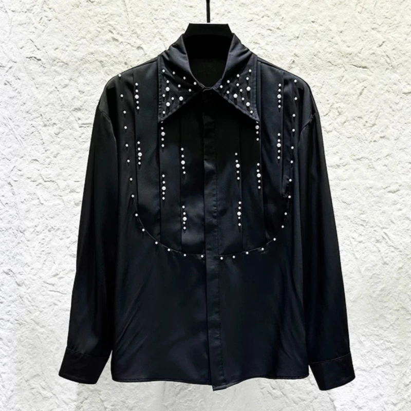 Nail Bead Rhinestone Shirt for Men Long Sleeves Loose Casual Shirts Fashion Stage Dance Performance Costumes Men Clothing