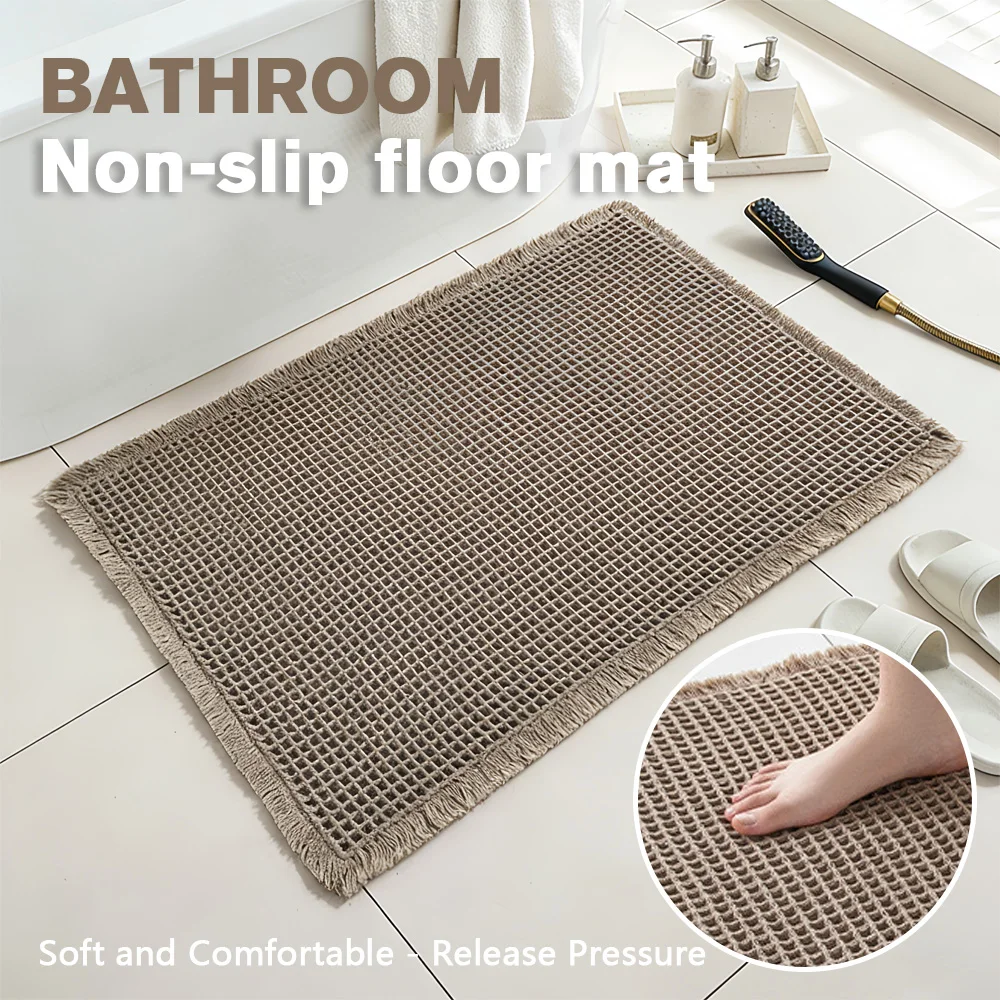 17*24in Waffle Bath Mats - Non-Slip Floor Mats Super Absorbent Bathroom Rugs with Tassels for Bathroom Floor Tub Beside Decor