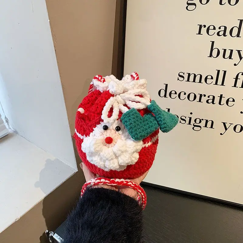 Red Green Handmade Crochet Santa Claus socks Gloves Bow Drawstring Bag Cute Christmas Crossbody Shoulder Pouch for yarn Girls