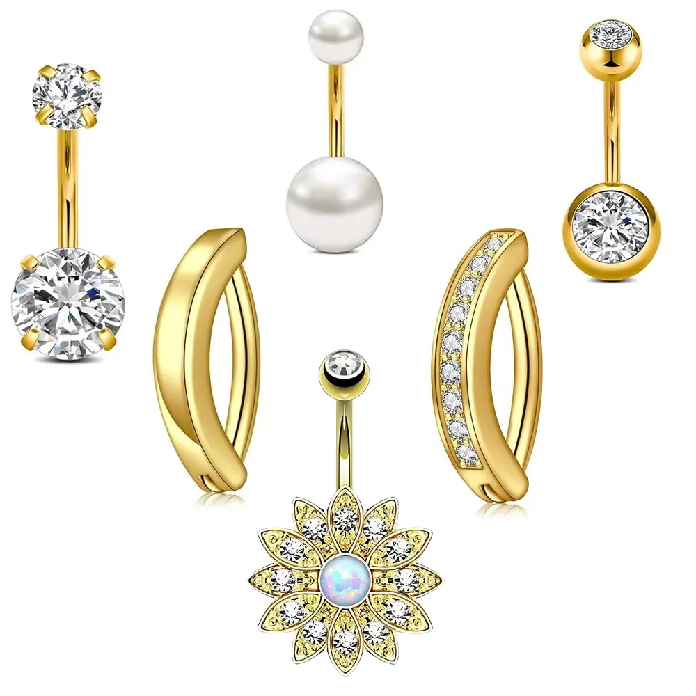 6pcs/lot Reversed Bar Fake Pearl Belly Button Rings Sets Butterfly Dangled Curved Zircon Belly Navel Piercing Nombril Ombligo