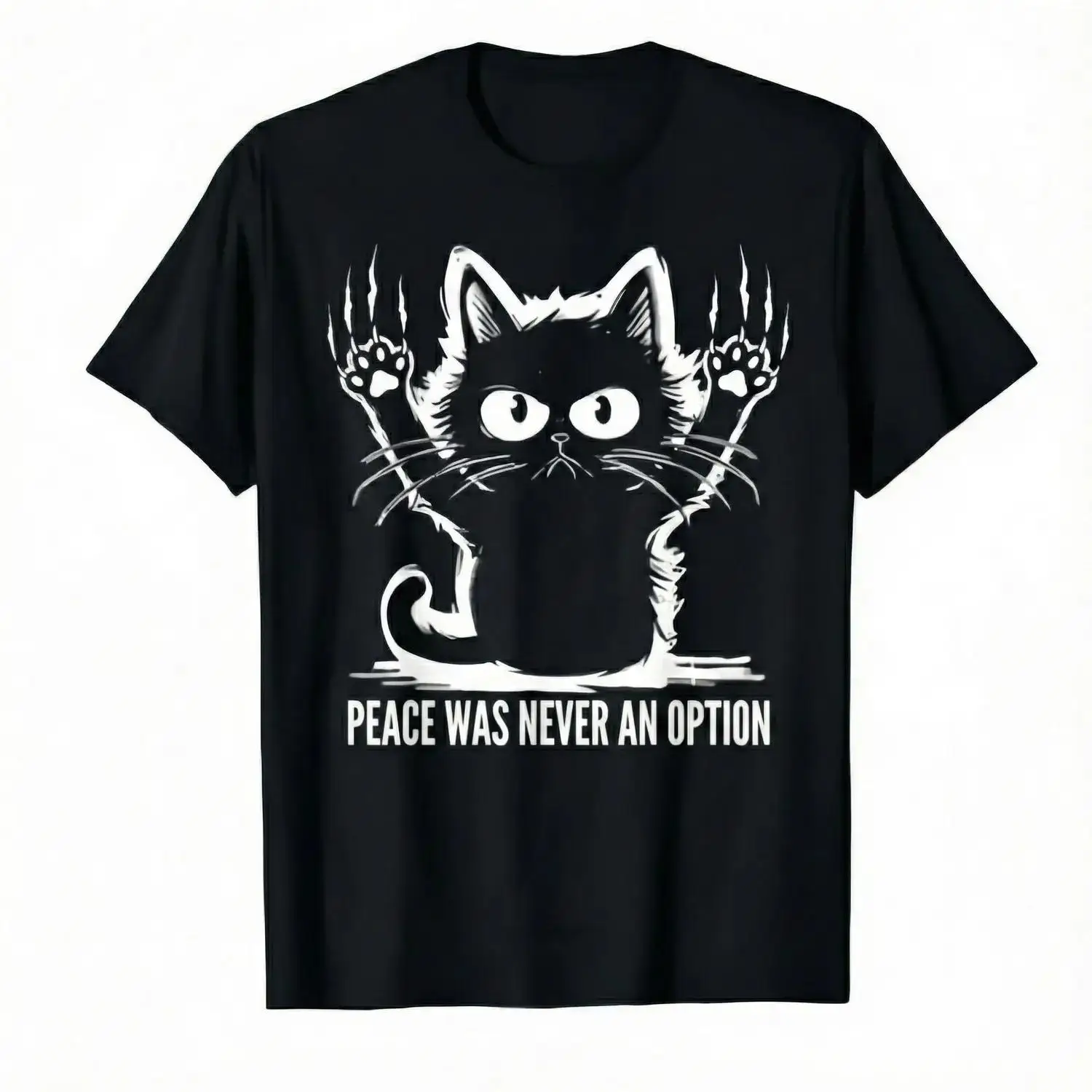 Women's Casual Comfortable Short-Sleeve Round Neck Cotton Graphic Top - Angry Black Cat with Wolverine Claw Kitten Design, 
