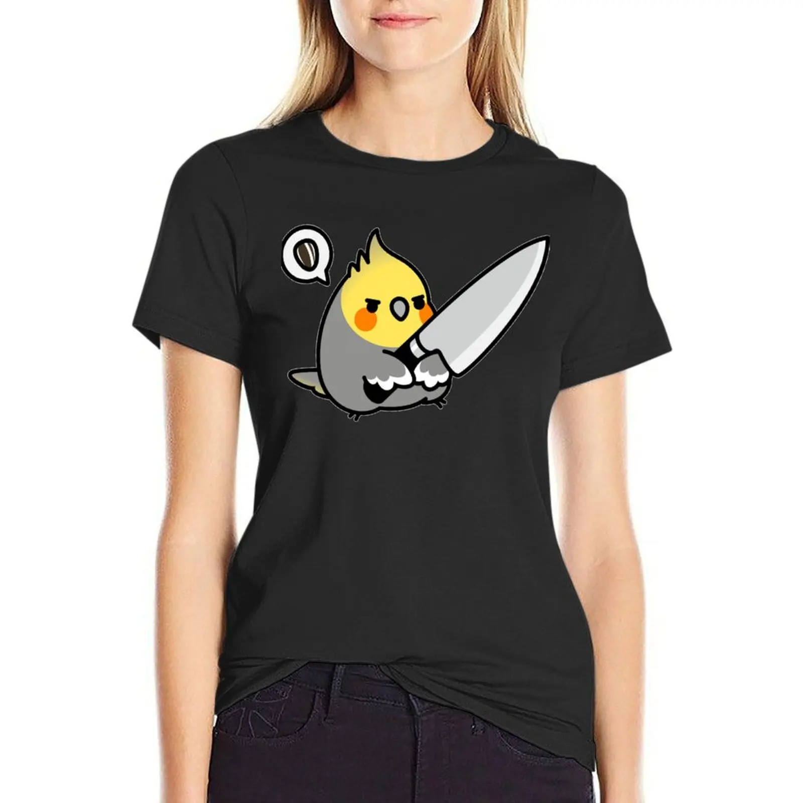 Chubby Cockatiel Knife T-Shirt summer clothes summer top black t-shirts for Women