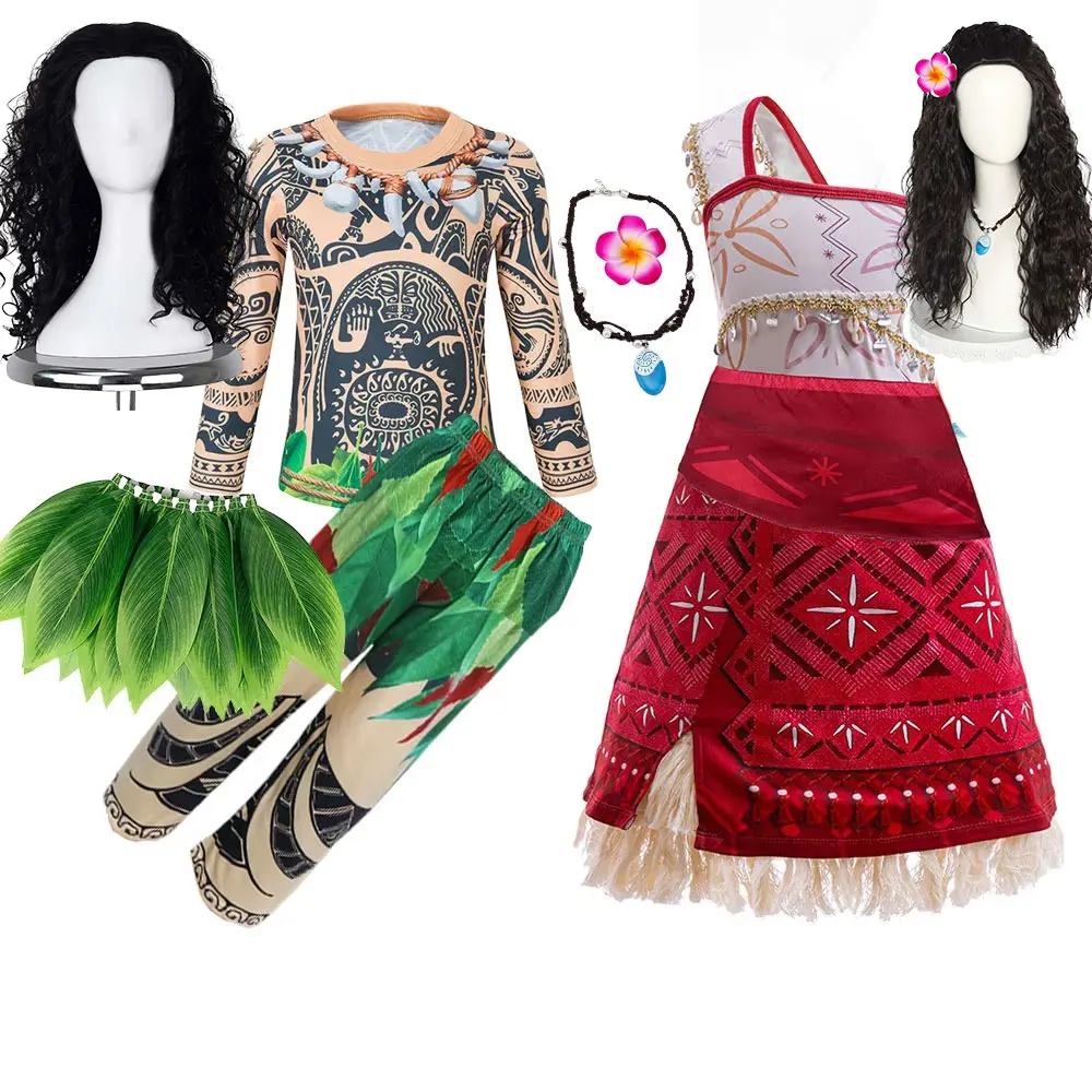 Princess Costume Boy and Girl Ocean Adventure Semi God Maui Clothing Set Voyager Vaiana Princess Carmival One Shoulder Dress