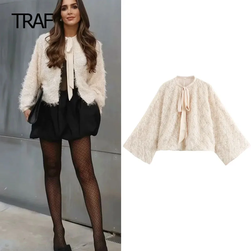 TRAF Cropped Bow Coat Women's Coat Spring 2024 Textured O-Neck Long Sleeve Plush Top New In Coat Elegant Designer Coats Luxury