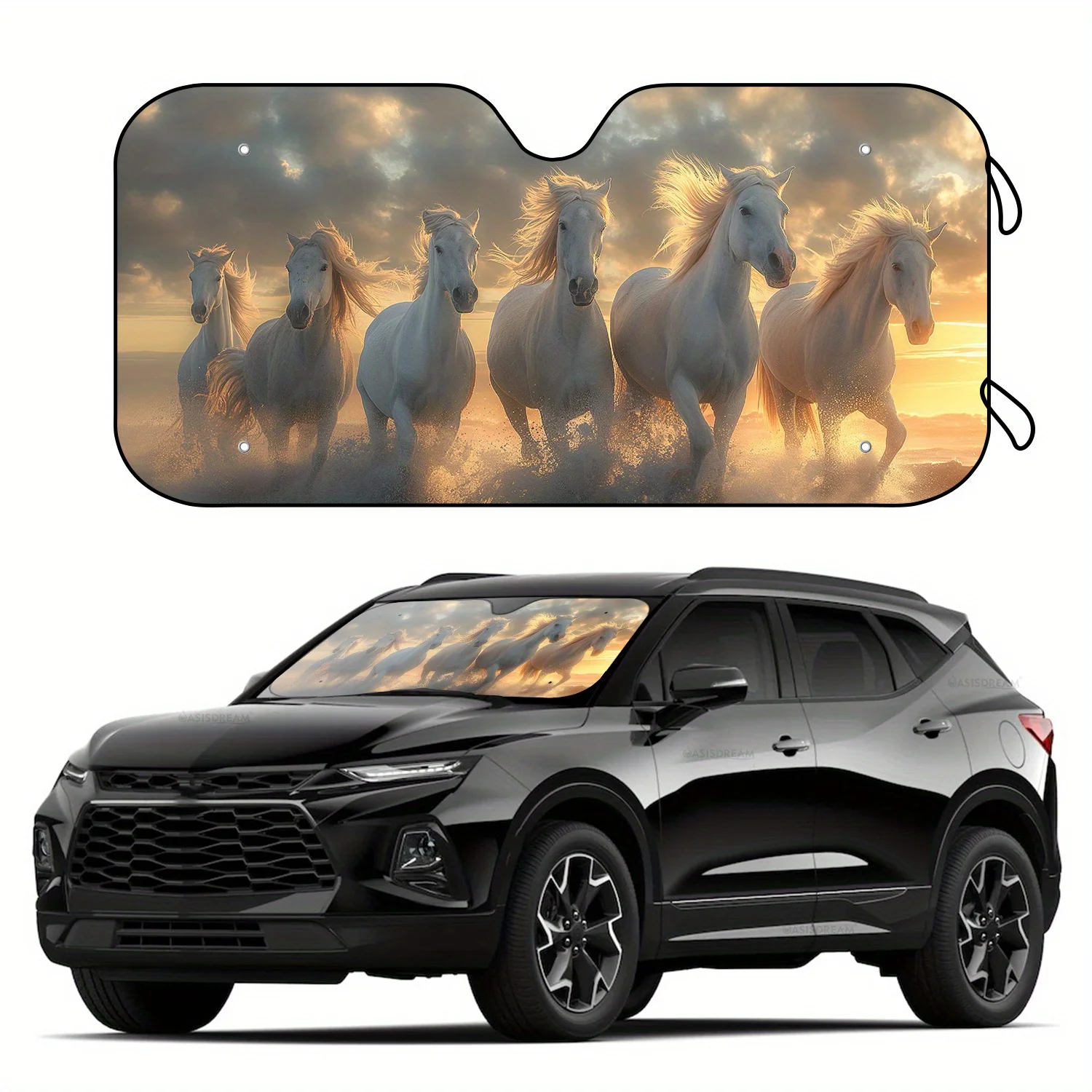 

1pc Horses Running In The Wilderness Print Block UV Front Auto Sunshade Vehicle Accessories With 4 Free Suction Cups Foldable Ca