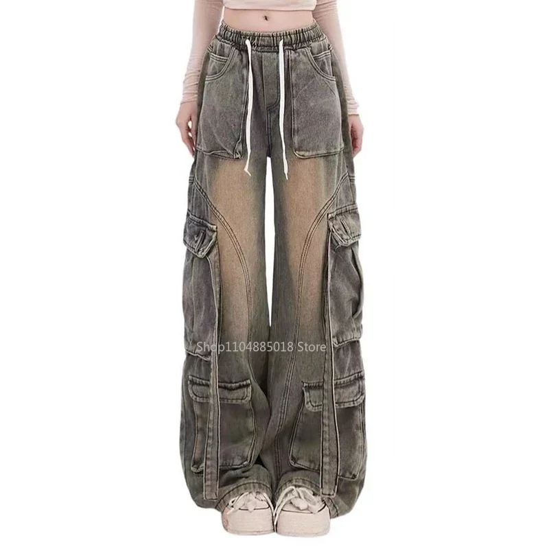 Streetwear Harajuku Y2k Vintage Cargo Jeans Women American Retro 2000s Baggy Wide Leg Denim Trousers Trashy Cargo Pants