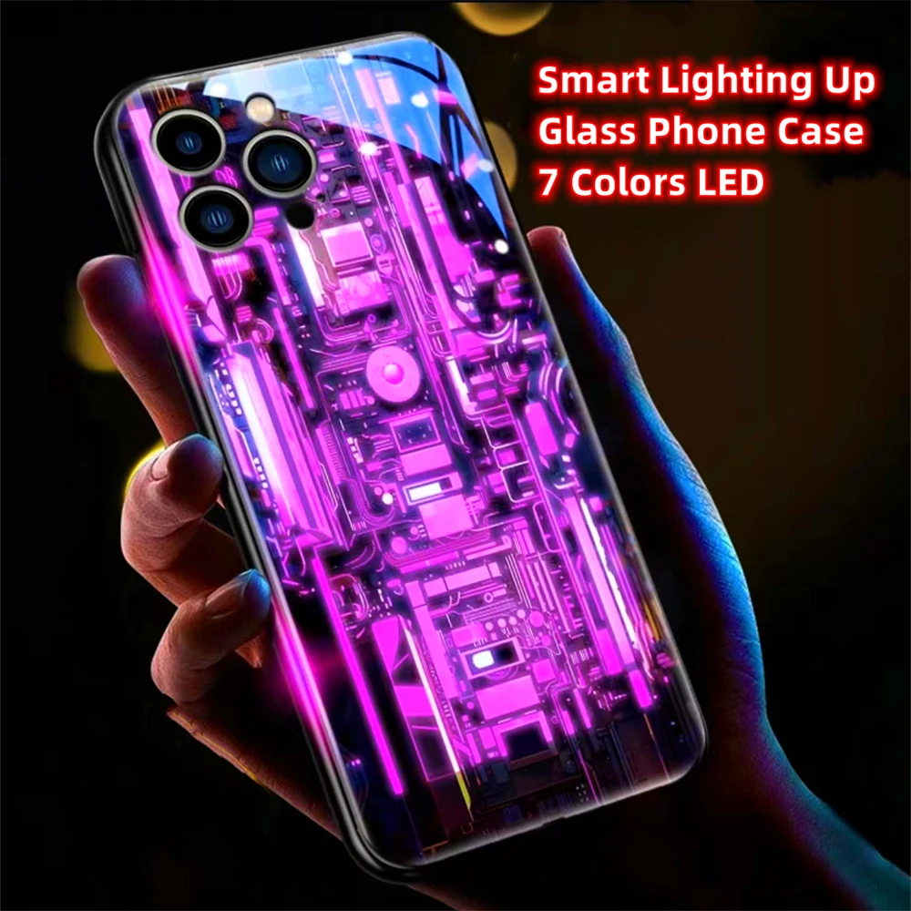 Cyber Circuit World Smart LED Light Glow Tempered Glass Phone Case For Samsung S25 S24 S23 S22 S21 S20 FE Note 10 20 Plus Ultra