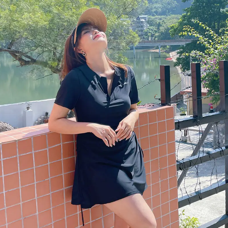 بدلة سباحة جديدة مقاس كبير لعام 2024، ملابس رياضية نسائية بدون أكمام، تانكيني حراري للسبا بأكمام قصيرة، تنورة منفصلة