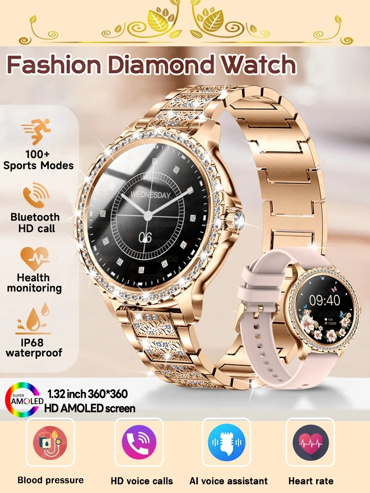 2026 Neue Mode Damen Diamant-Uhr 1,32 Zoll 360*360 HD-Display Herzfrequenz- und Blutsauerstoffüberwachung Bluetooth-Anruf Smartwatch
