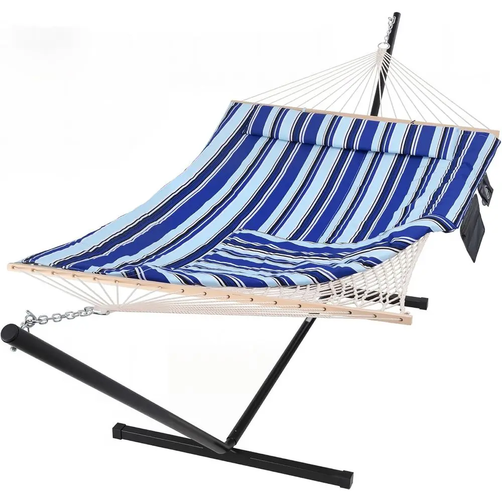 

Blue Striped Cotton Rope Double Hammock with Stand for Two