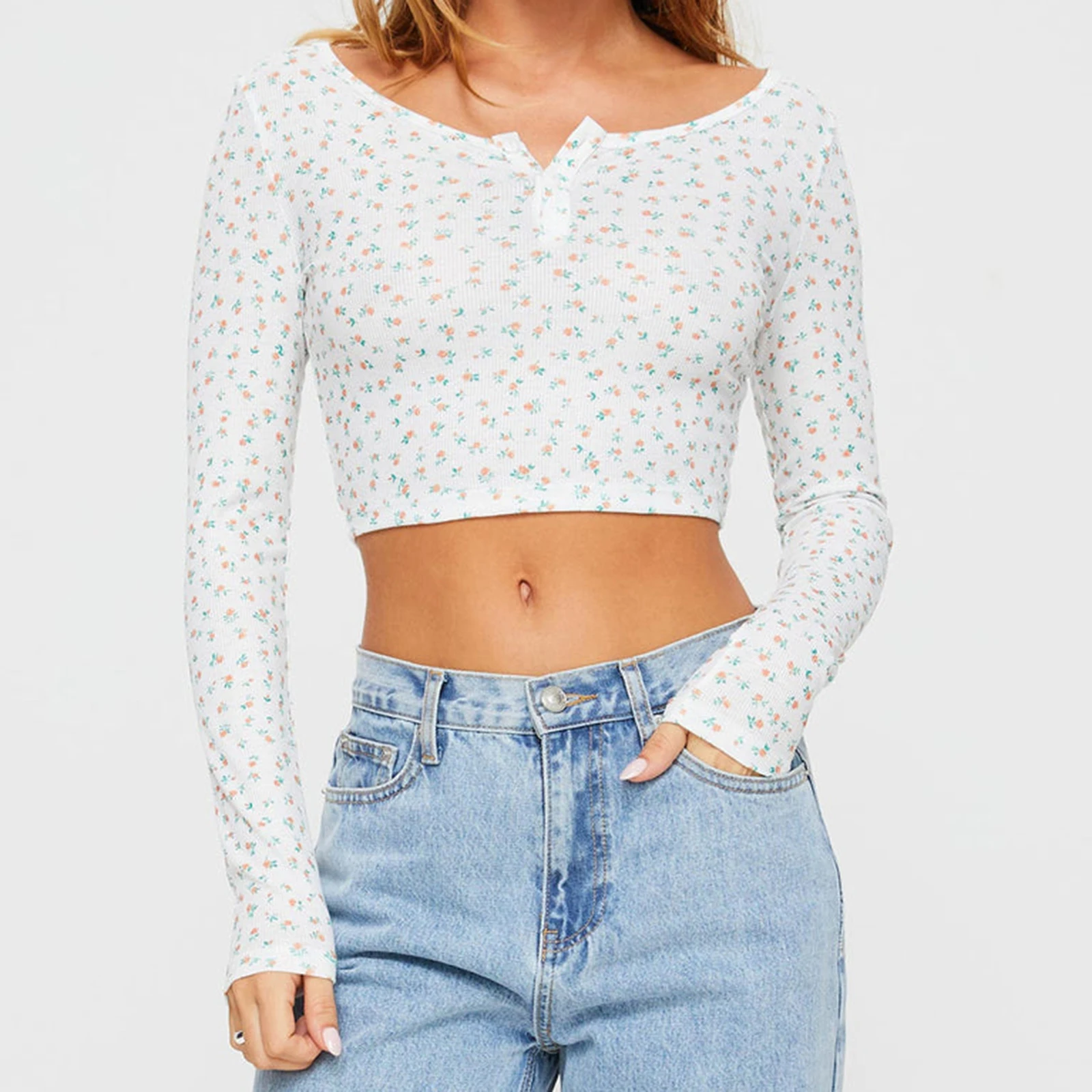 Camisetas femininas florais de manga comprida, slim, meio botão, gola redonda, tops curtos, moda outono, streetwear