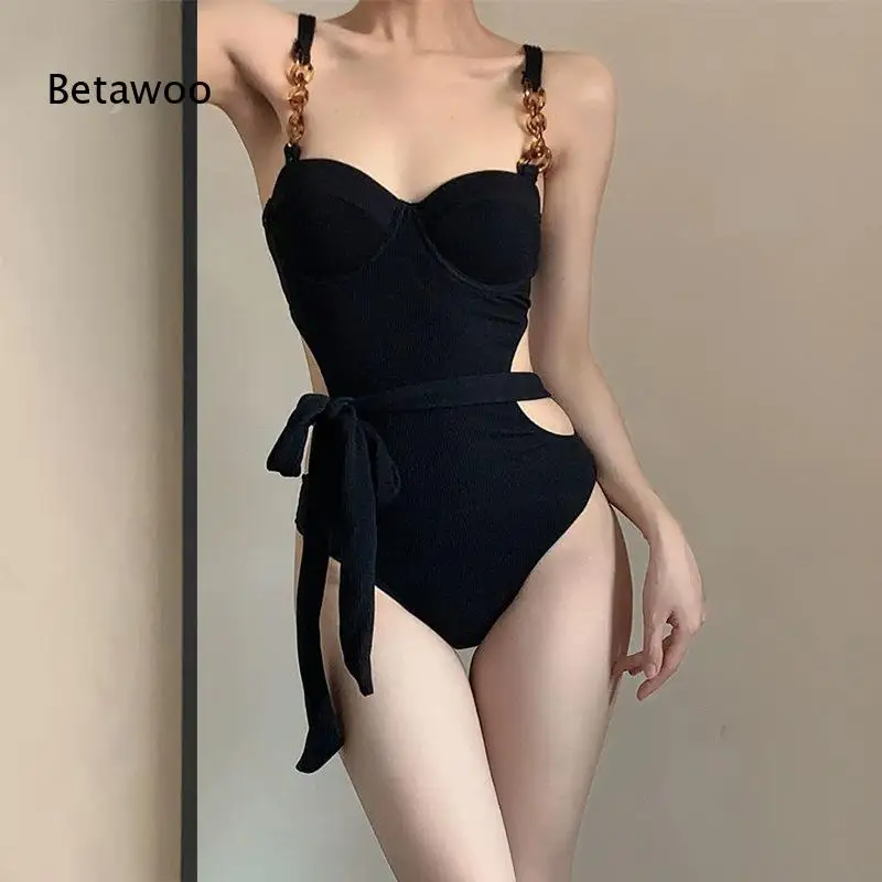 

Betawoo Women's One-Piece Swimsuit with Chain Straps, Cutout Waist & Wrap Skirt Cover Up