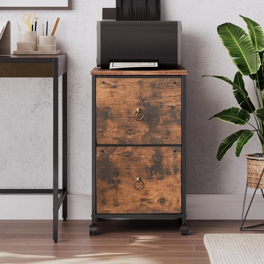 2-Drawer Rolling File Cabinet, Mobile Printer Stand with Lockable Casters, Rustic Brown Office Storage for Home Workspace