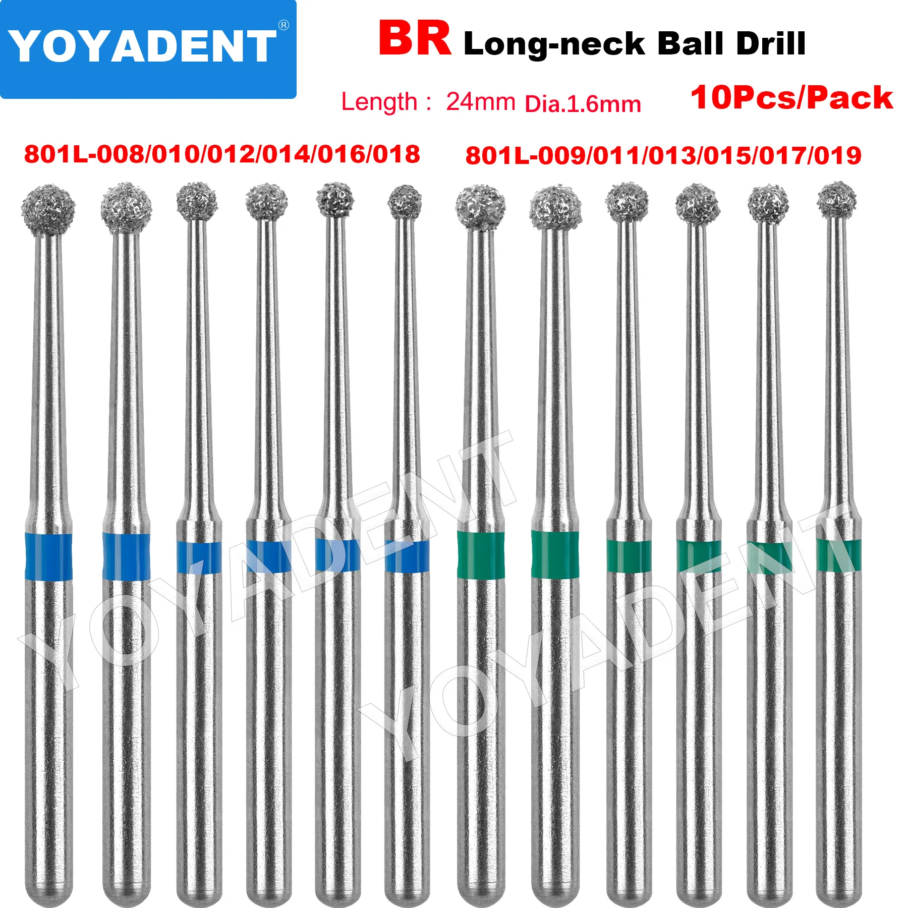 BR 801L Langhals-Rundkugel-Diamantbohrer FG 1,6 mm Zahnmedizinische Bohrer für Hochgeschwindigkeits-Handstücke 10 Stück/Packung