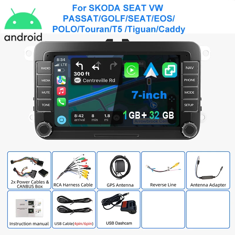 ESSGOO Autoradio Android15 7" 4+64 GB / 6+128 GB für VW Golf 5 6 Passat Polo 6R Touran Tiguan Caddy EOS Jetta Seat Skoda Wireless CarPlay Android Auto GPS Navigation RDS FM Bluetooth Mirror Link