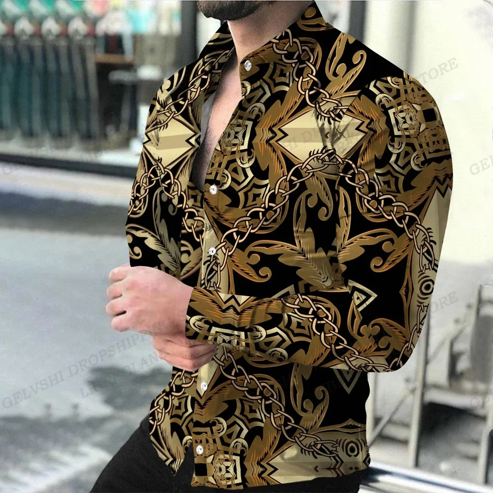 Long Sleeve Hawaii Shirts Men Fashion Shirt Luxury European Style Blouse Golden Beach Blouse Men Clothing Vocation Camisas Male