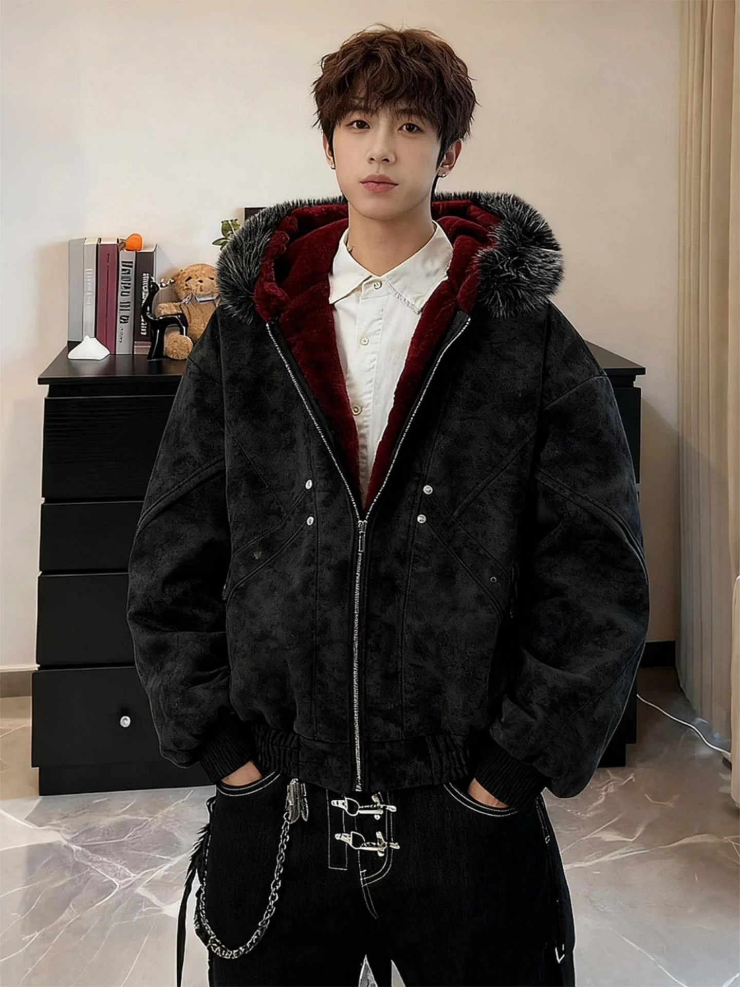 

Мужская зимняя хлопковая куртка с капюшоном, на молнии, с подкладкой из искусственной кожи и меха ягненка, утепленная, красная, Mountain Eagle