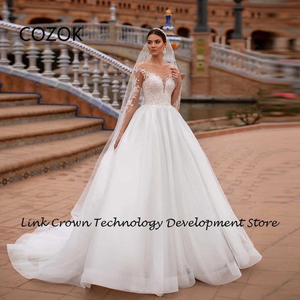 COZOK A Line Strapless Wedding Dresses for Women 2024 Summer Full Sleeve Bridal Gowns with Lace New Soft Tulle Vestidos De Novia