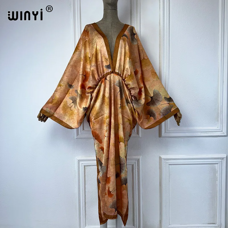 WINYI Bohemian Summer Beach Dress High Quality Double Sided Boho Printing Elegant silk maxi dress Women Evening party kaftan