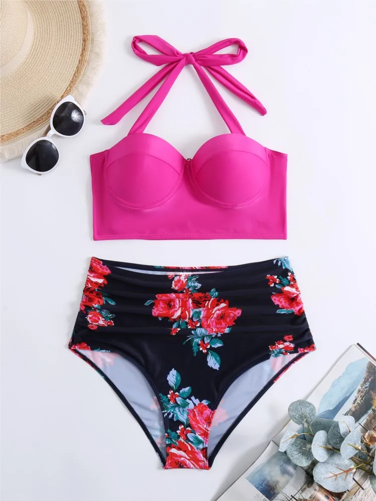

L-5XL Plus Size High Waist Bikini Women's Push Up Big Large Size Swimsuit 2026 Summer Mujer Tummy Control Swimwear Bikini Sets