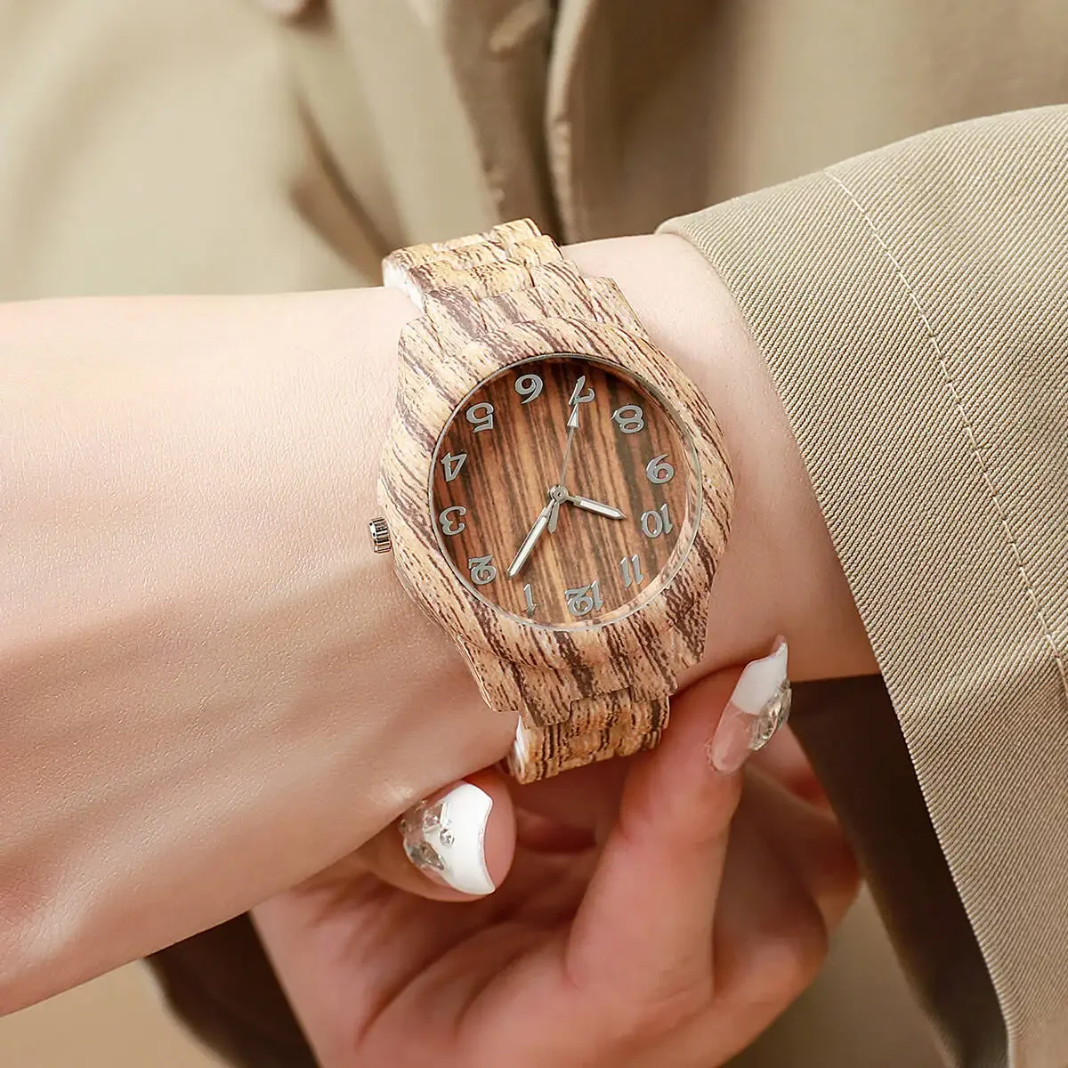 3PCS/Set Fashion Arabic Dial Women Watches Casual Wooden Pattern Plastic Band Quartz Watch Reloj Mujer（Without Box）