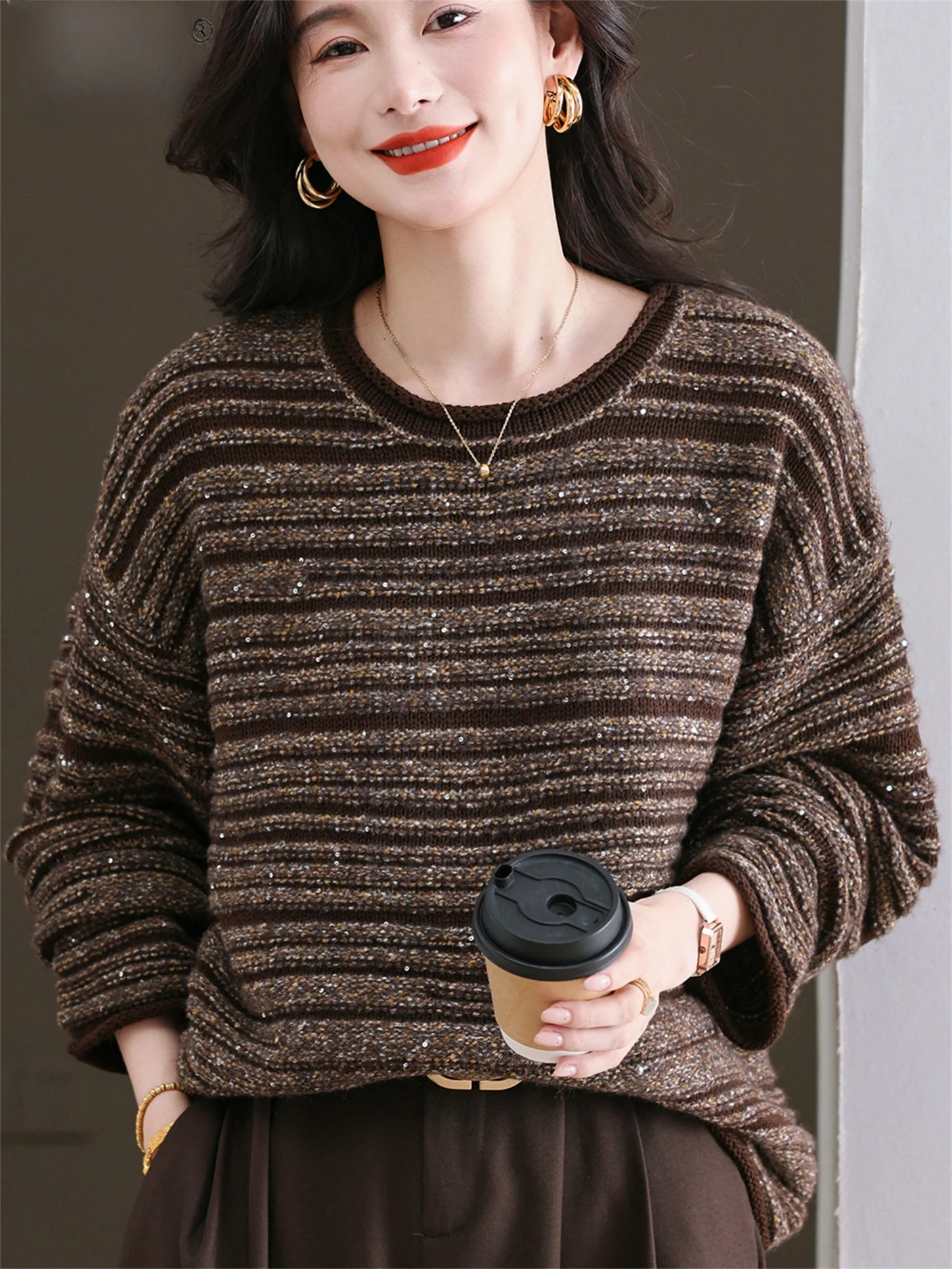 

Thiened Warmth round Ne Striped Bot irt Mommy Sle Autumn Winter New Faion ly Women's Loose Fit Woolen Sweater
