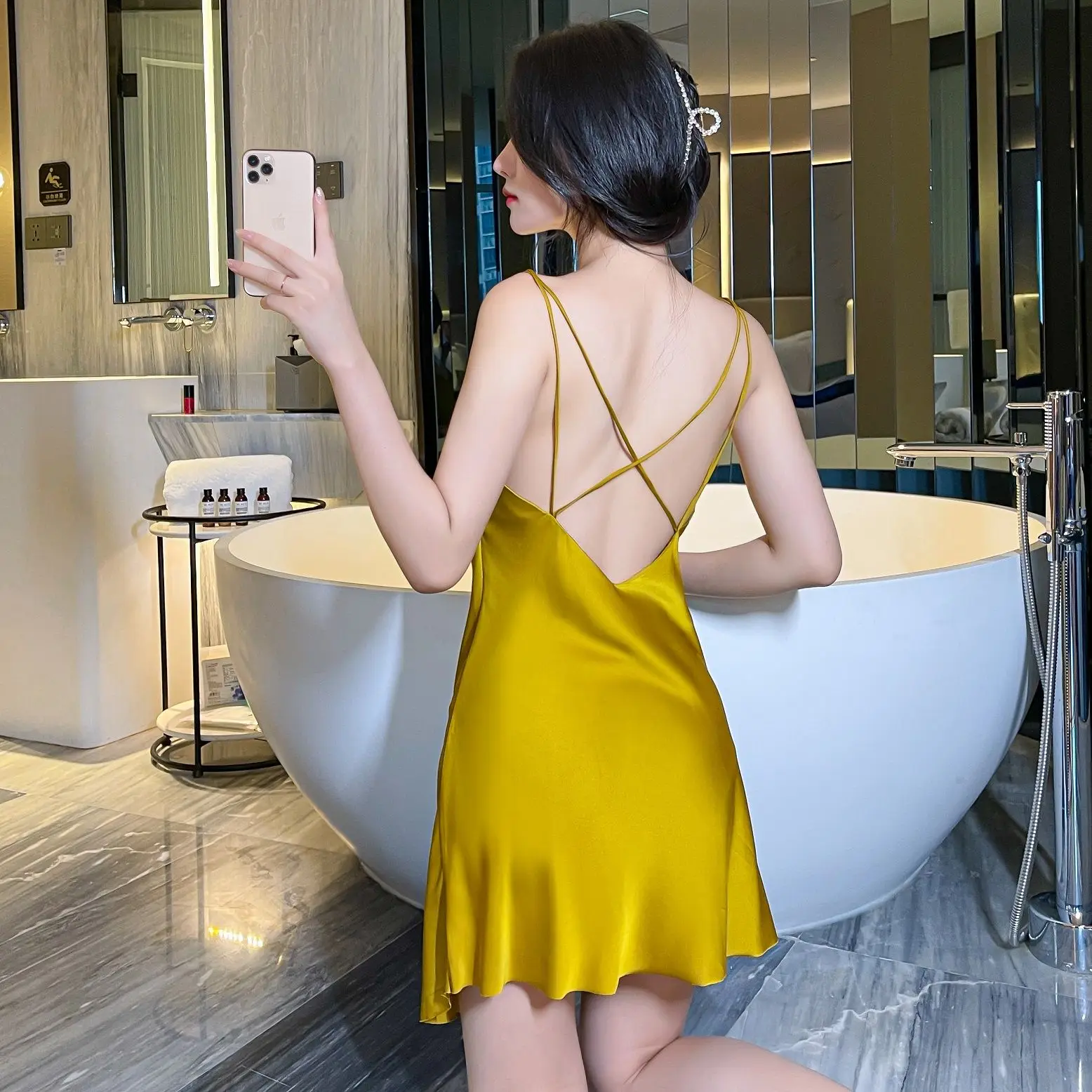 Backless pajamas for women 2023 New Ice Silk Luxury Silk Back Strap Sexy Nightwear for women Sleepwear