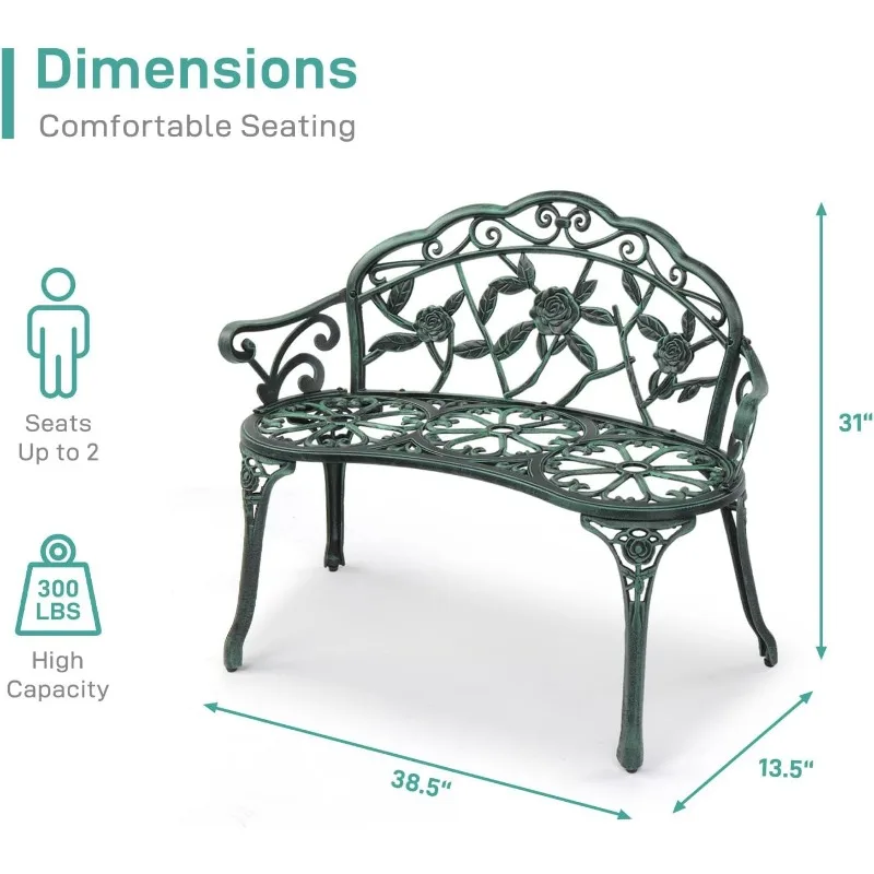 VINGLI-Cast Iron Cast Aluminium Frame Jardim Chair, Rose Bench, pátio ao ar livre Parque, acentuados gramado frente, acabamento antigo, 38,5"