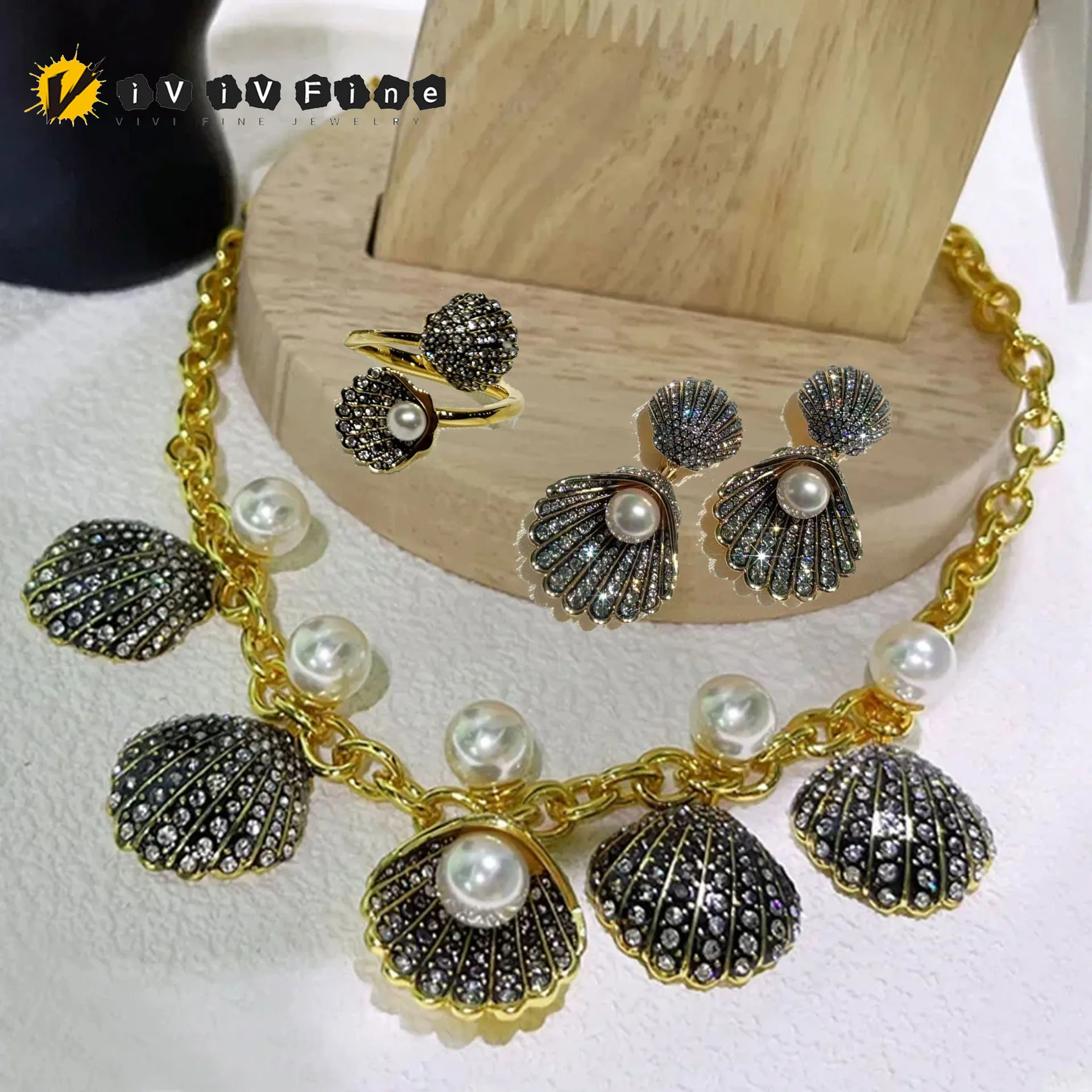 

Original 2025 Women's High Quality Jewelry Set Fashion Exquisite Scalloped Pearl Necklace Earrings Bracelet Adjustable Ring