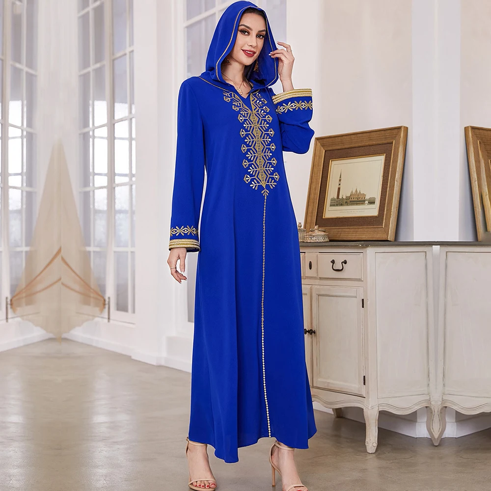 Moroccan Gulf Abayas Eid Long Dress for Women Royal Blue Dubai Luxury Gold Embroidery Kaftan Caftan Marocain Abaya