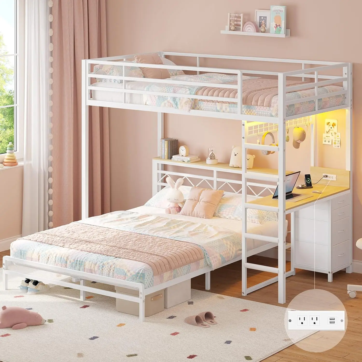 Twin Over Full Size Bunk Bed with Desk, 4 Storage Drawers and Practical Headboard, Bunk Bed /Teens with, Customized
