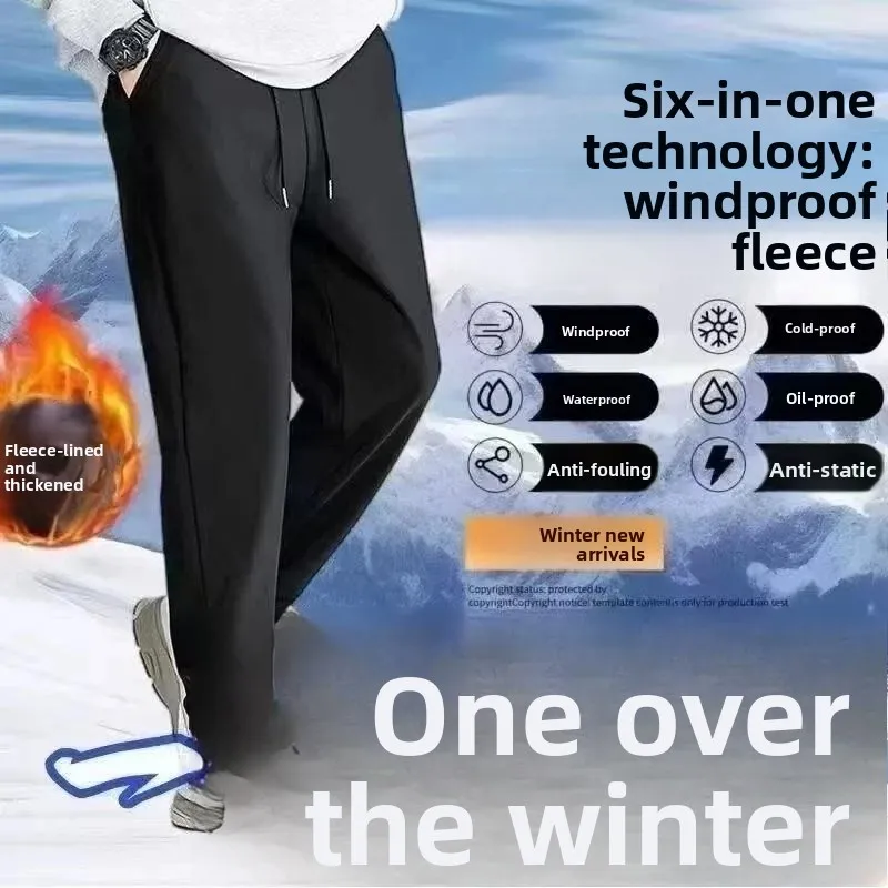 Thickened Fleece Lined Loose Men's Casual Pants Windproof Warm Outdoor Autumn Winter Trousers Anti-static Oil Proof Waterproof