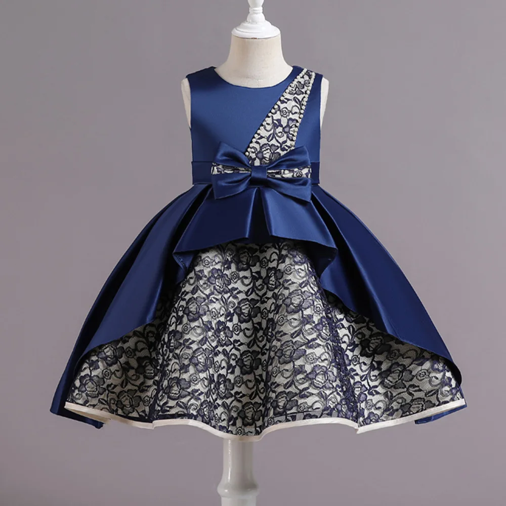 

Kid Sleeveless Princess Asymmetric Lace Paneled Dress Bow Embellished Waist Satin Overlay Children Skirt Formal Party Gown Girl
