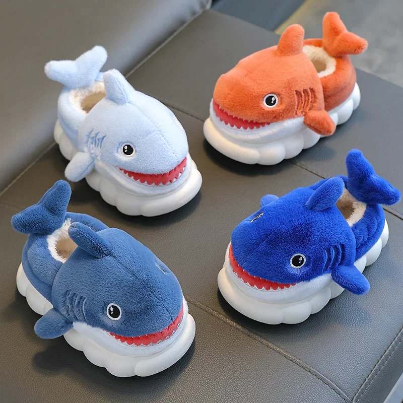 New Winter Wrap Heels Cute Cartoon Shark Cotton Slippers Children\'s Non-slip Soft For Kids Girls Boys Baby Warm Plush Home Shoes