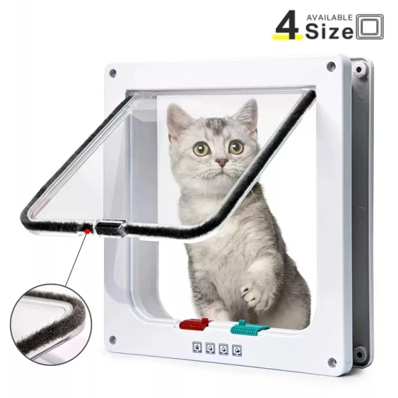 Puerta con solapa para gatos con cerradura de seguridad de 4 vías, interruptor controlable, puerta de plástico ABS transparente, Kit de seguridad para cachorros y gatitos, puertas de entrada y salida para mascotas