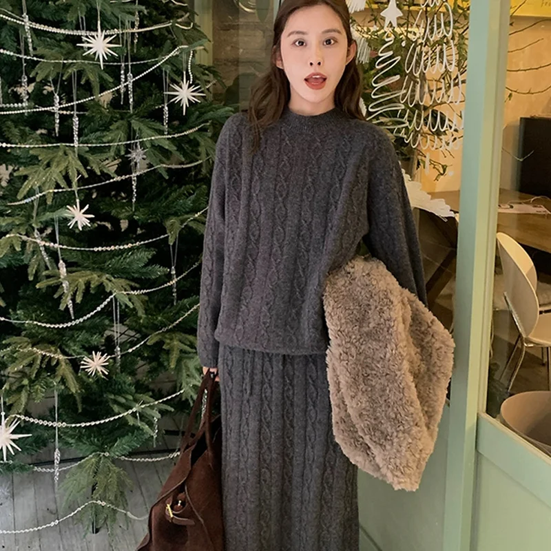 

Autumn and winter 100% pure wool set women's round-neck loose sweater two-piece knitted cashmere skirt