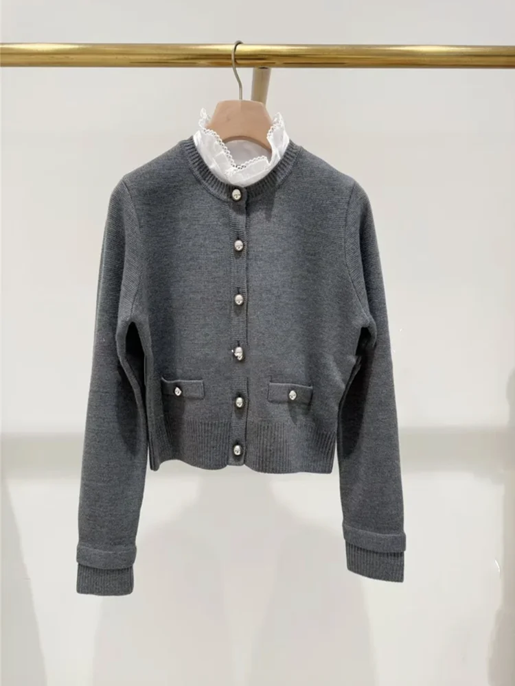 

High-End ey Knitted Long Sve Blouse with Detachable Lace Collar Women's Faionable Cardigan Spring Autumn Seasonal Wear