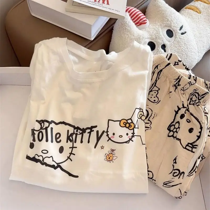 

Женский пижамный комплект Sanrio Hello Kitty, комплект для сна с длинными рукавами и брюками, комплект из чистого хлопка, домашняя одежда для студентов, новый сезон весна-осень
