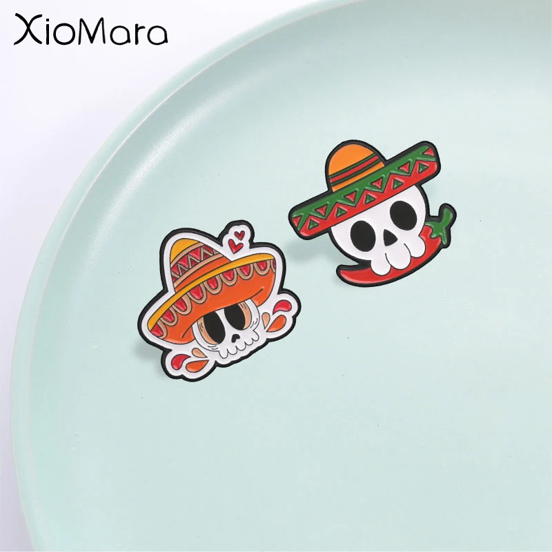 Day of the Dead Skull Enamel Pin, Cartoon Straw Hat Skull With Heart and Chili Badge, Fashion Accessory, Lovely Gift for Friends